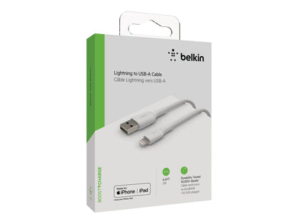 Belkin BoostCharge Braided Lightning to USB-A Cable (2m/6.6ft) - White(CAA002bt2MWH), 12W,480Mbps, 10,000+ bends tested, Enhanced Braided Nylon, 2YR.