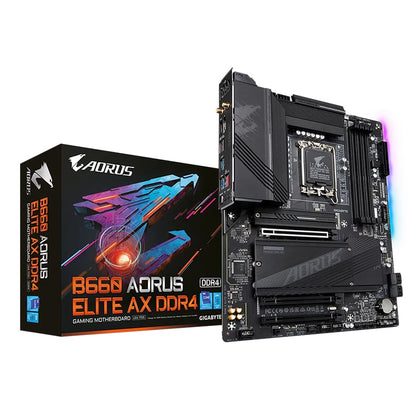 Gigabyte Z690M AORUS ELITE AX DDR4 Intel LGA 1700 mATX Motherboard, 4x DDR4 ~128GB, 2x PCI-E x16, 3x M.2, 6x SATA, 1x USB-C, 5x USB 3.2, 4x USB 2.0, W