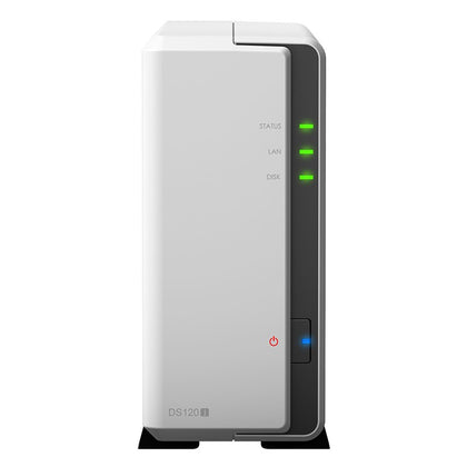 Synology DiskStation DS120j 1-Bay 3.5' Diskless 1xGbE NAS (Tower) (SOHO), Marvell 800MHz, 2xUSB2 - 2 Years Warranty - Comes with 2 Camera Licenses.