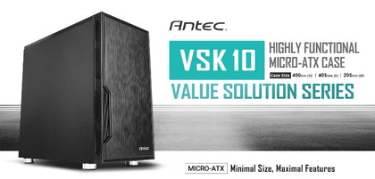 Antec VSK10 mATX Case. 2x USB 3.0 Thermally Advanced Builder's Case. 1x 120mm Fan preinstalled. GPU 350mm, PSU & CPU 160mm, Two Years Wty