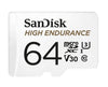 SanDisk High Endurance 64GB microSD 100MB/s 40MB/s 5K hrs 4K UHD C10 U3 V30 -40°C to 85°C Heat Freeze Shock Temperature Water X-ray Proof SD Adapter
