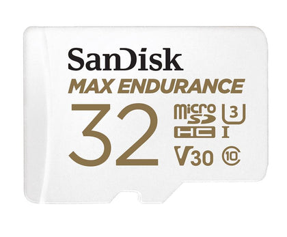 SanDisk Max Endurance 32GB microSD 100MB/s 40MB/s 20K hrs 4K UHD C10 U3 V30 -40°C to 85°C Heat Freeze Shock Temperature Water X-ray Proof SD Adapter