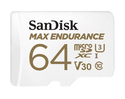 SanDisk Max Endurance 64GB microSD 100MB/s 40MB/s 20K hrs 4K UHD C10 U3 V30 -40°C to 85°C Heat Freeze Shock Temperature Water X-ray Proof SD Adapter