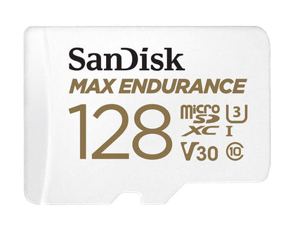 SanDisk Max Endurance 128GB microSD 100MB/s 40MB/s 20K hrs 4K UHD C10 U3 V30 -40°C to 85°C Heat Freeze Shock Temperature Water X-ray Proof SD Adapter