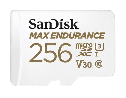 SanDisk Max Endurance 256GB microSD 100MB/s 40MB/s 20K hrs 4K UHD C10 U3 V30 -40°C to 85°C Heat Freeze Shock Temperature Water X-ray Proof SD Adapter