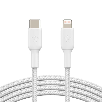 Belkin BoostCharge Braided Lightning to USB-C Cable (1m/3.3ft) - White(CAA004bt1MWH), 480Mbps, 10K+ bend, Apple iPhone / iPad, 2YR