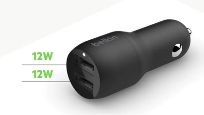 Belkin BoostCharge Dual USB-A Car Charger 24W - Black (CCB001btBK), 2xUSB-A (12W), Dual Port Fast & Compact Charger, $2,500 CEW,2YR