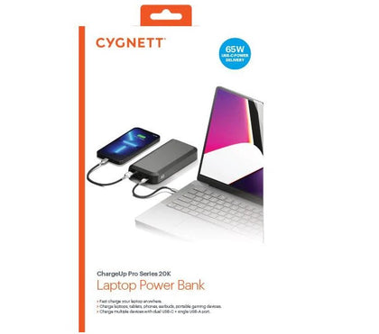 Cygnett ChargeUp Pro Series 20K mAh Laptop Power Bank - Black (CY4130PBCHE), 1 x USB-C (65W), 1 x USB-C (18W), 1x USB-A (18W), Type-C Cable Included