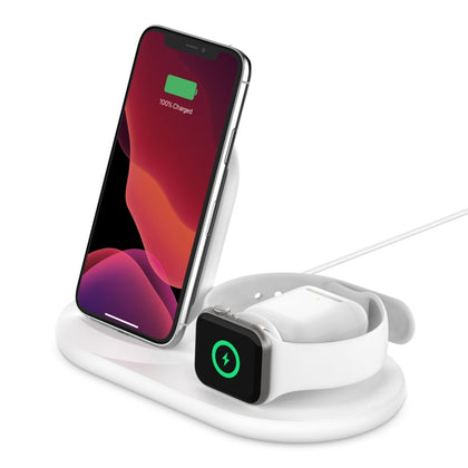 Belkin BoostCharge 3-in-1 Wireless Charger for Apple Devices 7.5W - White (WIZ001auWH), Qi-Compatible, Non-Slippery Triple Charging Pad,2YR