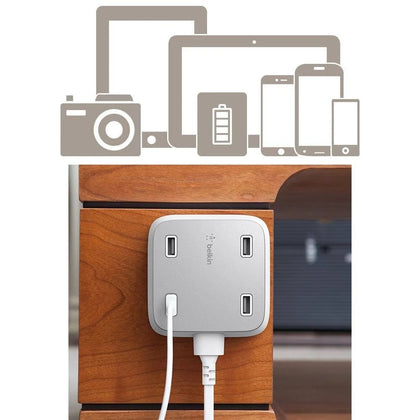 Belkin 4-Port USB Charger - White(F8M990bgWHT),5.4A Power,Intelligent / Dynamic charging,Wall Mountable USB-A Charging Hub / Station,10 ft. Cable, 2YR