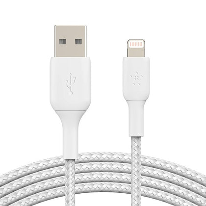 Belkin BoostCharge Braided Lightning to USB-A Cable (1m/3.3ft) - White (CAA002bt1MWH), 480Mbps, 10K+ bend, Apple iPhone / iPad, 2YR