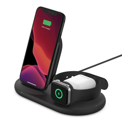 Belkin BoostCharge 3-in-1 Wireless Charger for Apple Devices 7.5W - Black (WIZ001auBK), Qi-Compatible Fast Wireless Triple Pad, Indicator Light,2YR