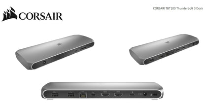 CORSAIR TBT100 Thunderbolt 3 , 2x USB-C 3.2, 2x 4K @ 60Hz HDMI, GB Ethernet, SDXC Card, Slim Aluminum. 100w Adaptor, 85w PD,  MS & MAC Docking Station