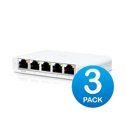 Switch Flex Mini- 3 Pack|5-port,  - Managed, UniFi, Layer 2 Gigabit Switch, 5x GbE RJ45 Ports, Powerable Via PoE (802.3af) or USB Type-C 5V 1A, No PSU